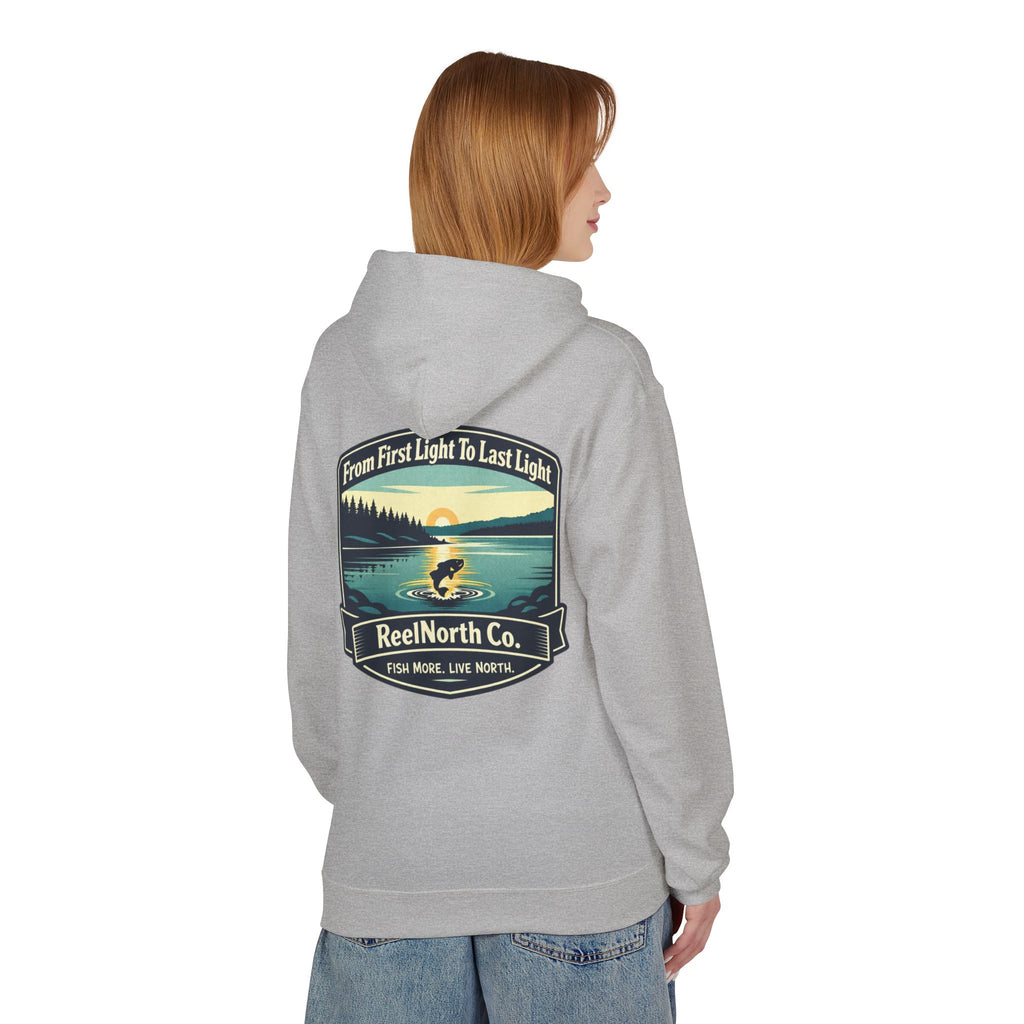 Fishing Hoodie — "Reel North Co. From First Light To Last Light" Pullover