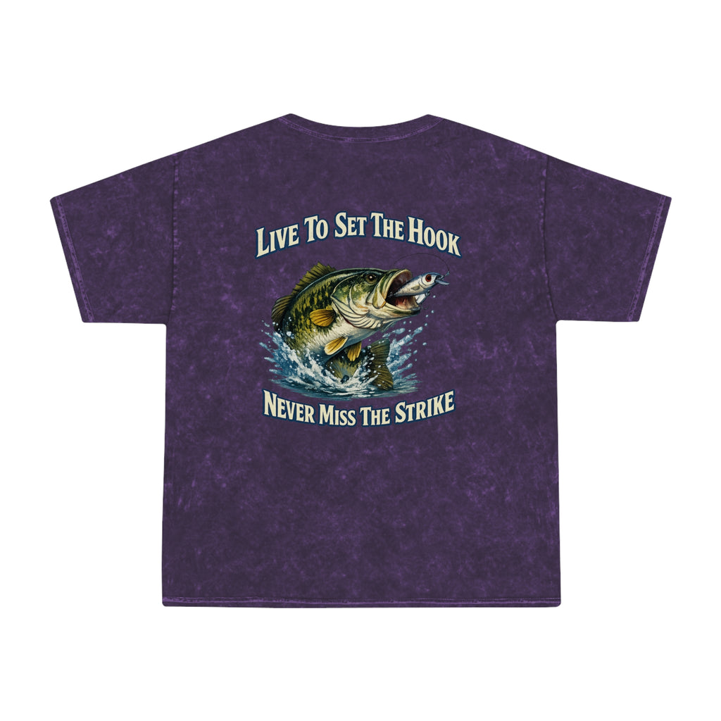 Fishing T-Shirt — "Live To Set The Hook, Never Miss The Strike" Mineral Wash Tee