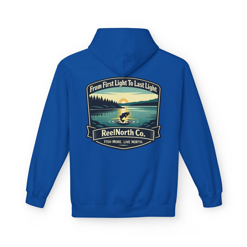 Fishing Hoodie — "Reel North Co. From First Light To Last Light" Pullover