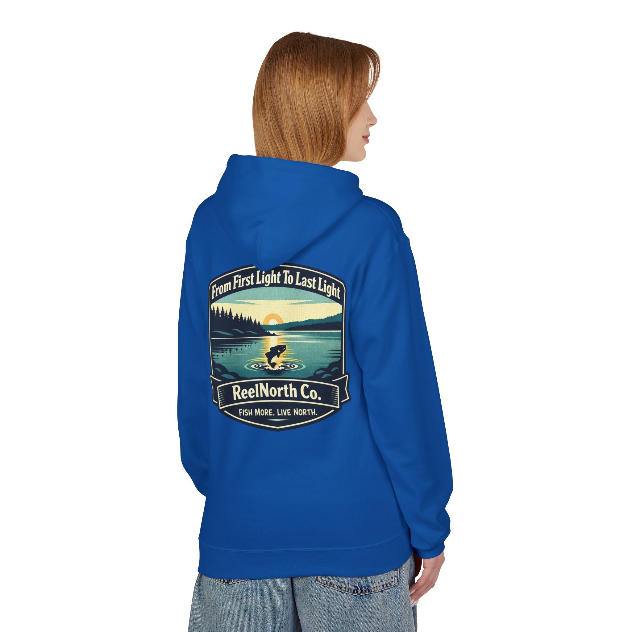 Fishing Hoodie — "Reel North Co. From First Light To Last Light" Pullover