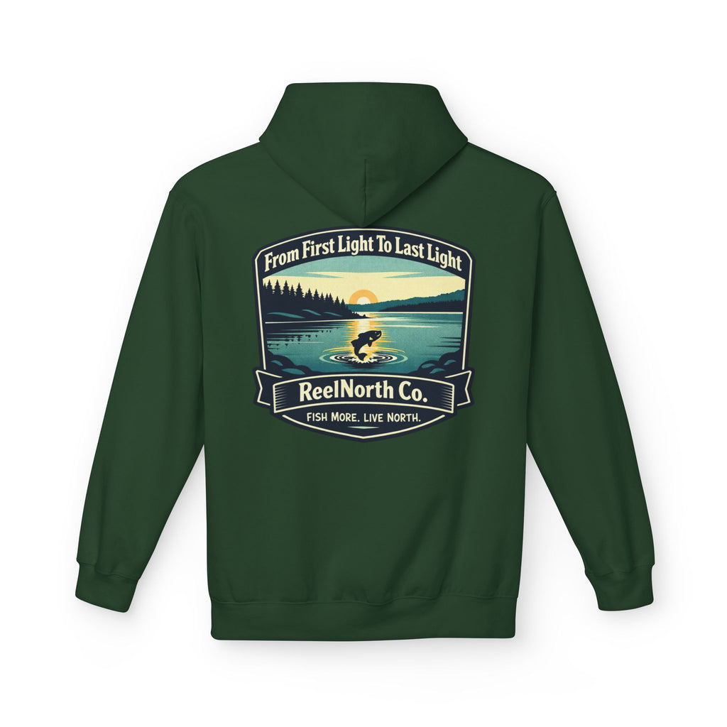 Fishing Hoodie — "Reel North Co. From First Light To Last Light" Pullover