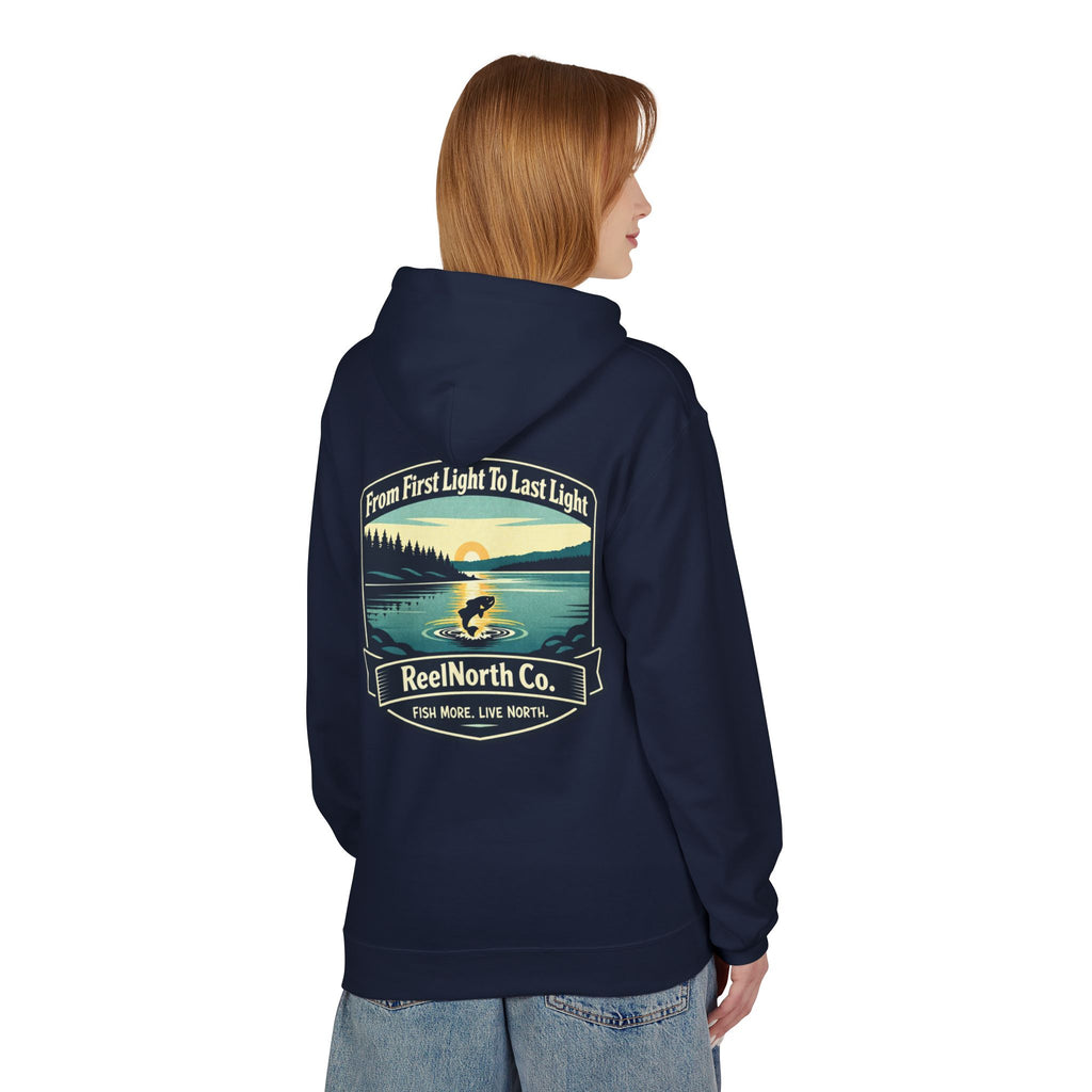 Fishing Hoodie — "Reel North Co. From First Light To Last Light" Pullover