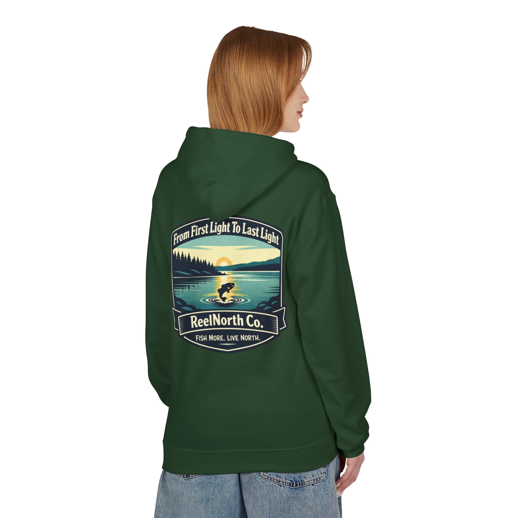 Fishing Hoodie — "Reel North Co. From First Light To Last Light" Pullover